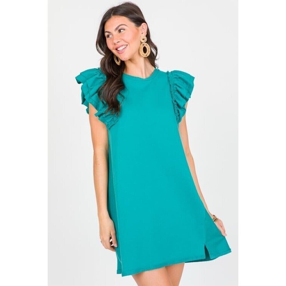 Teal Ruffle Sleeve Dress Size Medium - Picture 7 of 9